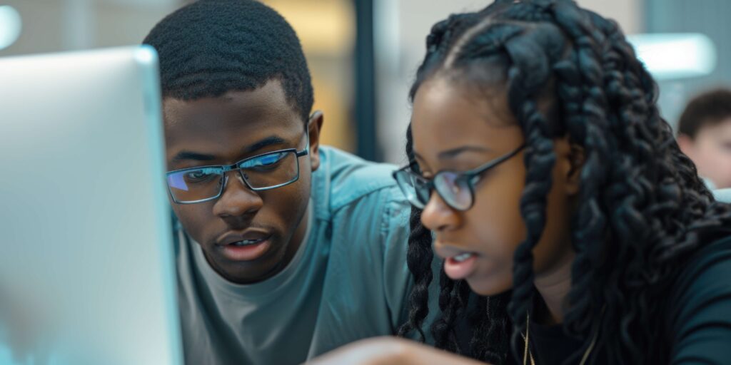 Aluna e aluno negros Estudando no computador