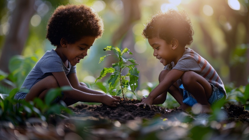 Crianças brincando com terra e plantas